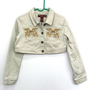 Sizzle Denim Womens Cropped  Embellished Tan Jean Jacket Size L Gold Glitter